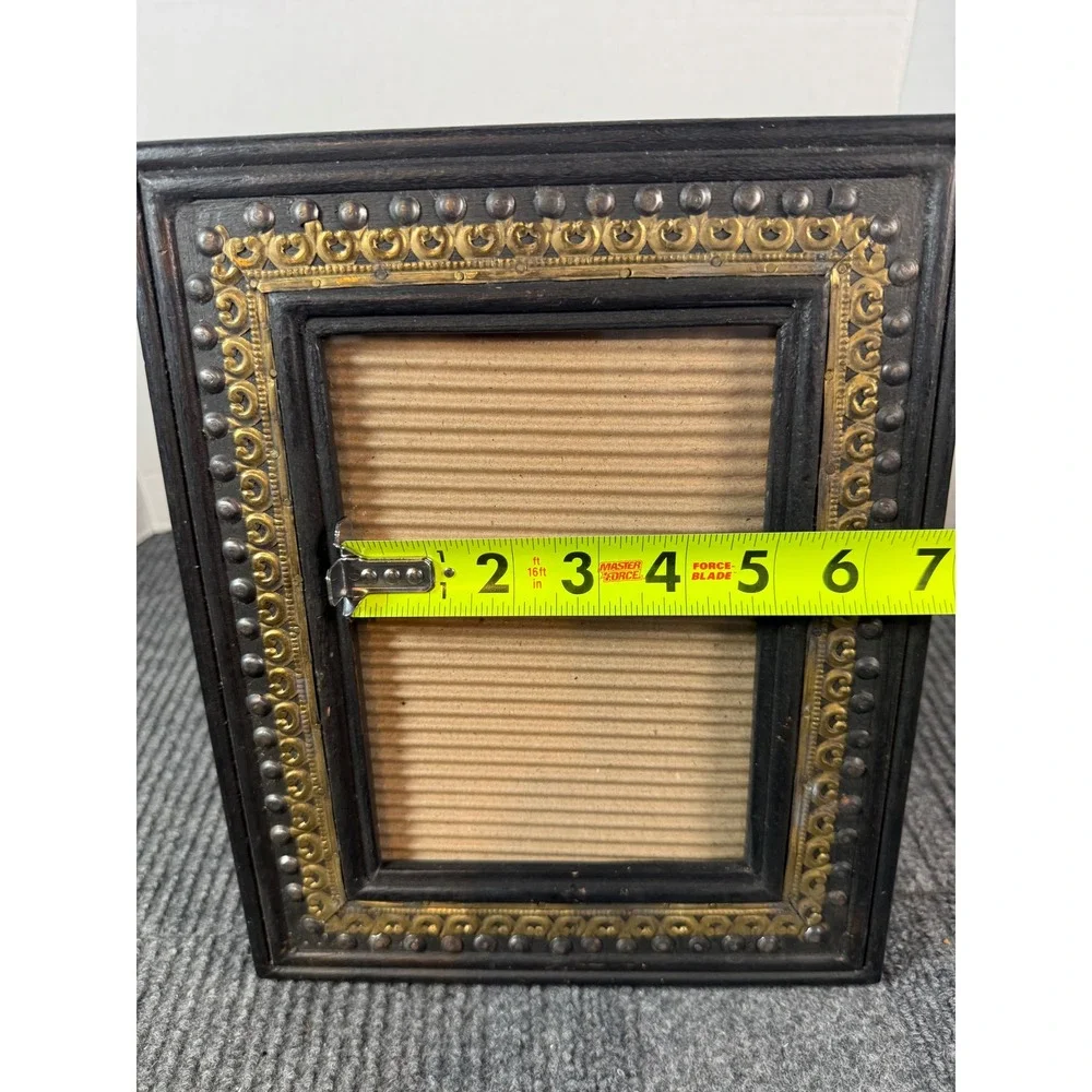 Vintage Black Wood Picture Frame Gold Brass Scrolled Inlay Studded 5x7 Opening